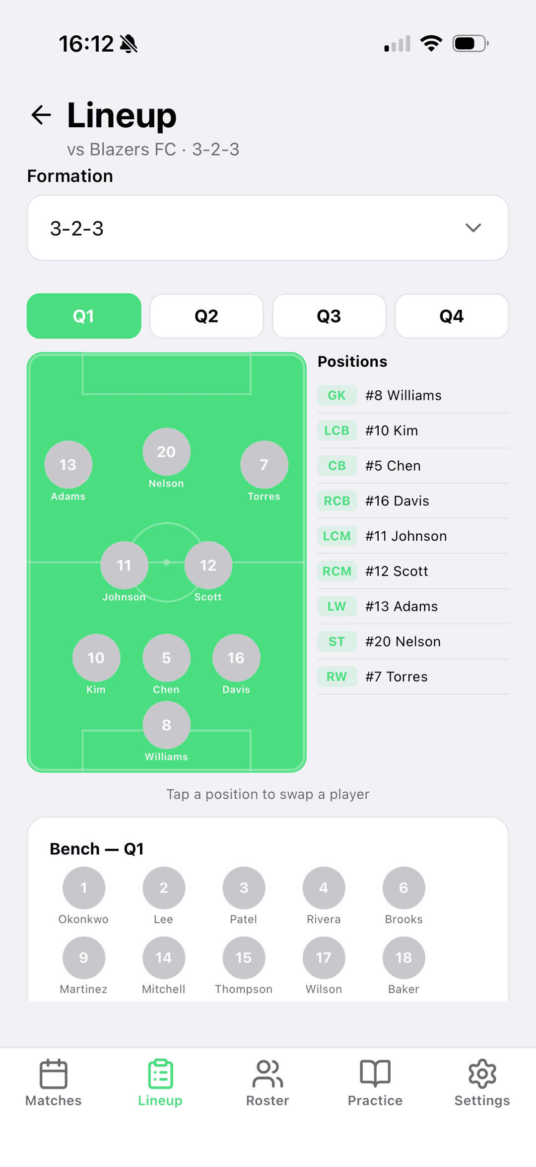 Lineup builder showing player positions on a visual soccer pitch
