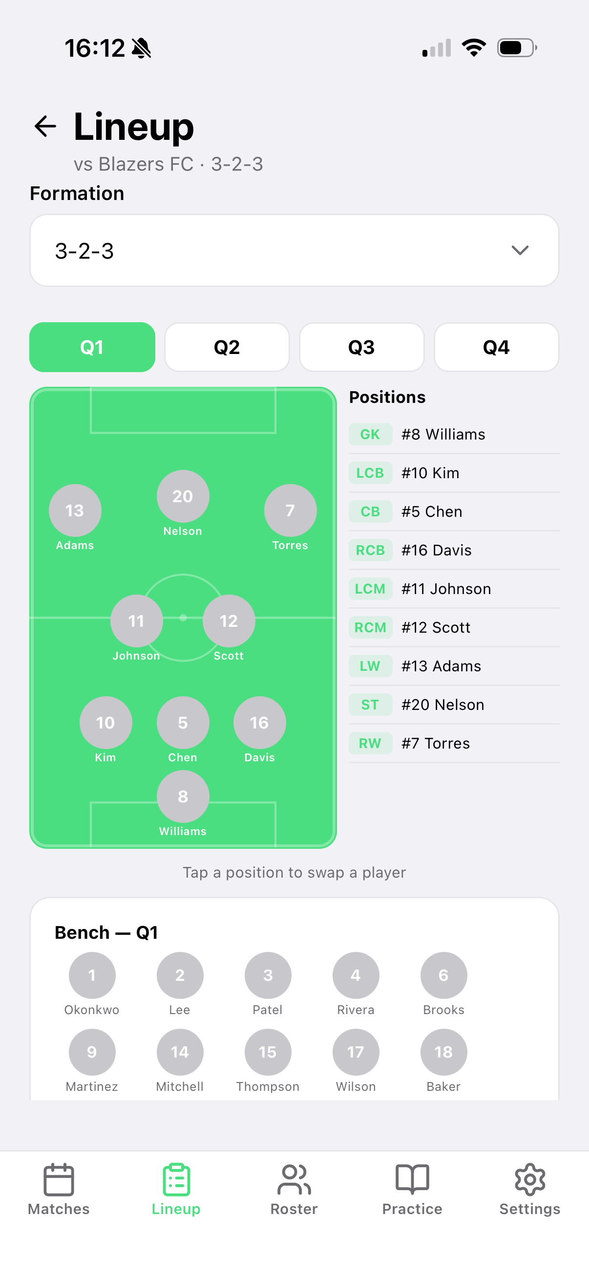 MatchDay Coach lineup builder showing player positions on a soccer pitch